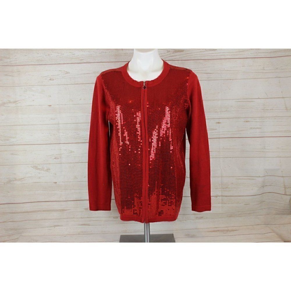 𝅺QUACKER Factory Size S Red Sequined Zip Sweater Cardigan